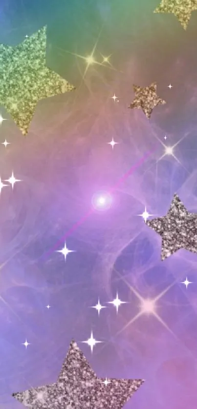 Dreamy multicolored glitter stars wallpaper with a purple galaxy background.