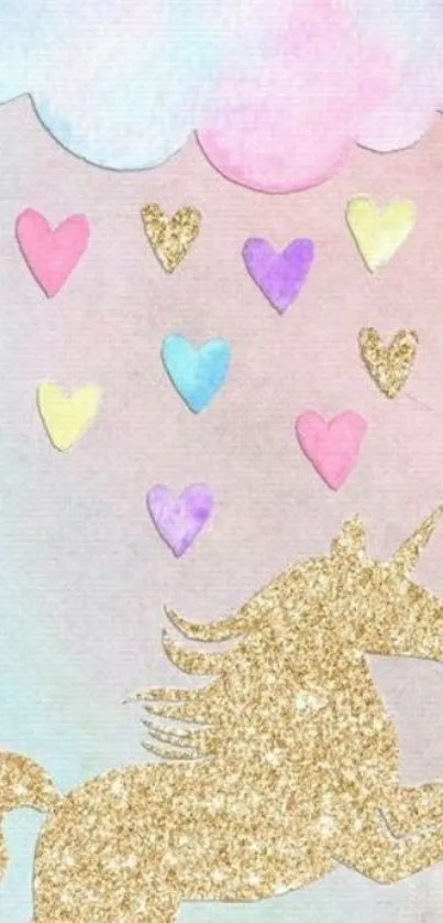 Mobile wallpaper with a glitter unicorn, pastel clouds, and colorful hearts.