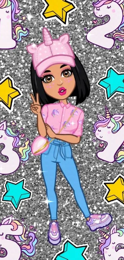 Cartoon girl with glitter background and unicorns.