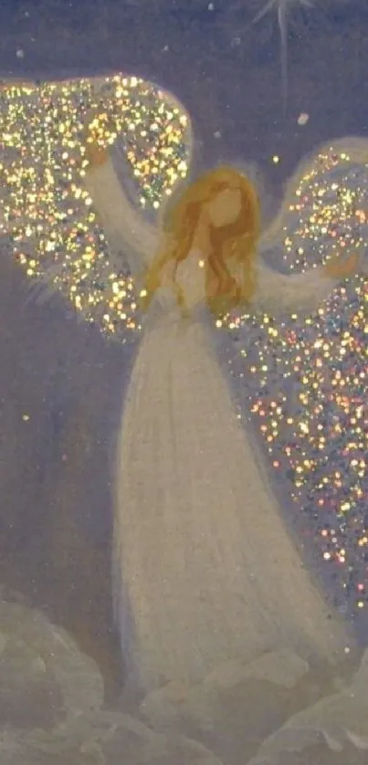 Graceful angel with shimmering wings in a starry sky wallpaper design.