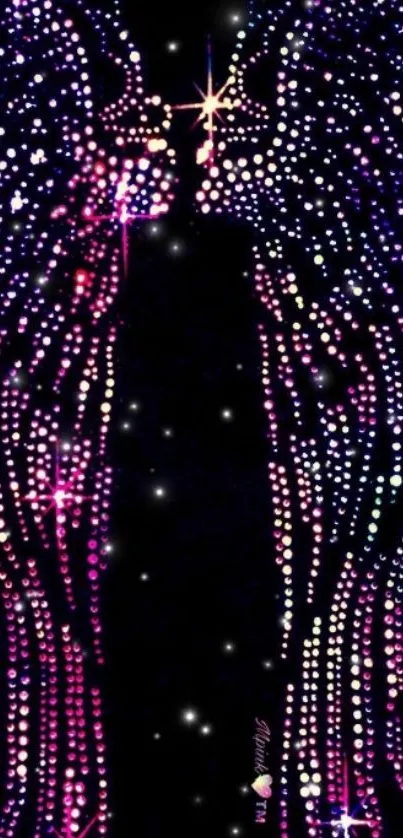 Mobile wallpaper with glittering angel wings on a starry black background.