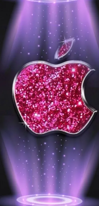 Sparkling pink Apple logo with purple glow.