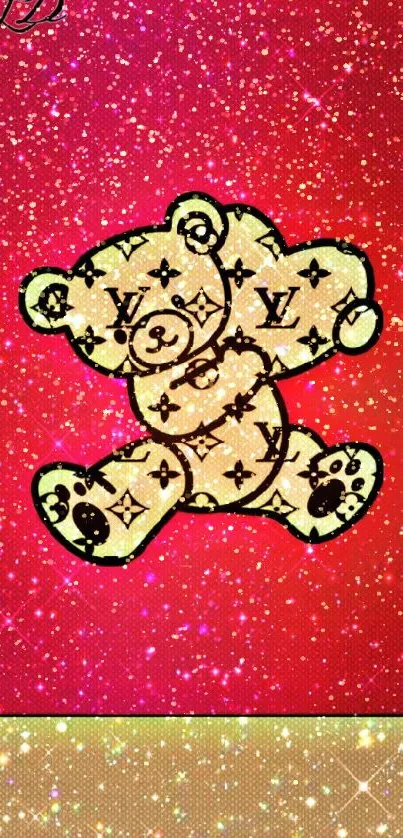 Vibrant red wallpaper with a designer-inspired bear and glittering accents.