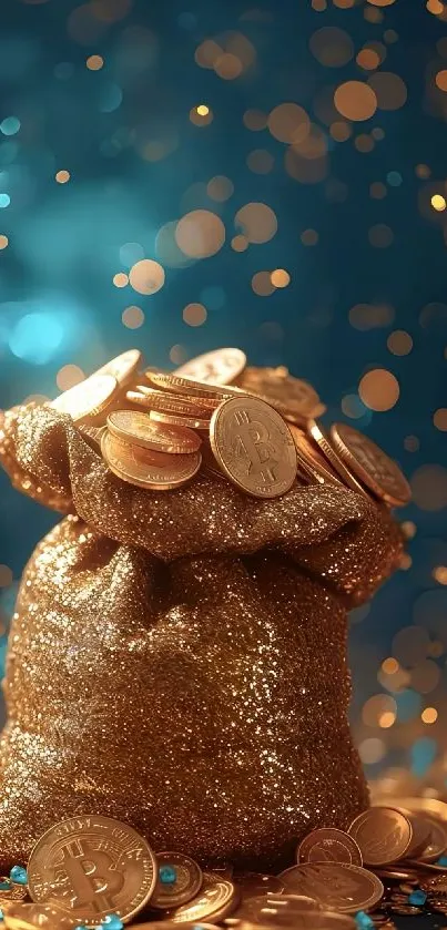 Shimmering gold bag overflowing with bitcoins on a blue bokeh background.