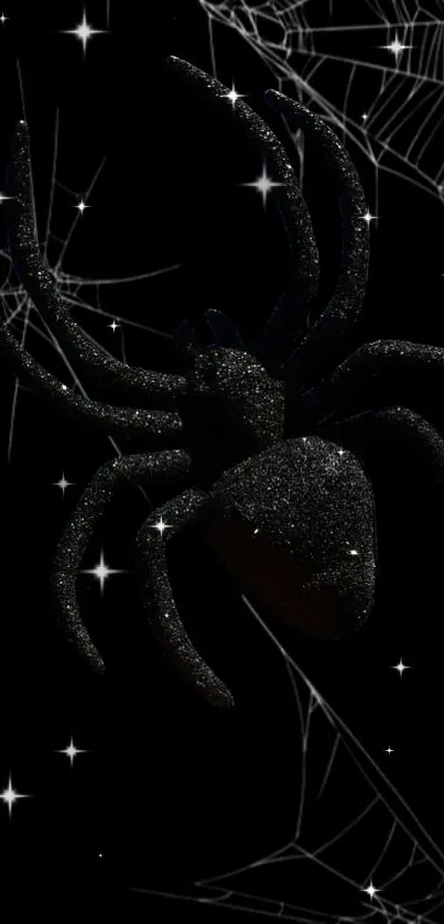 Glittering black spider with starry webs on a dark background.