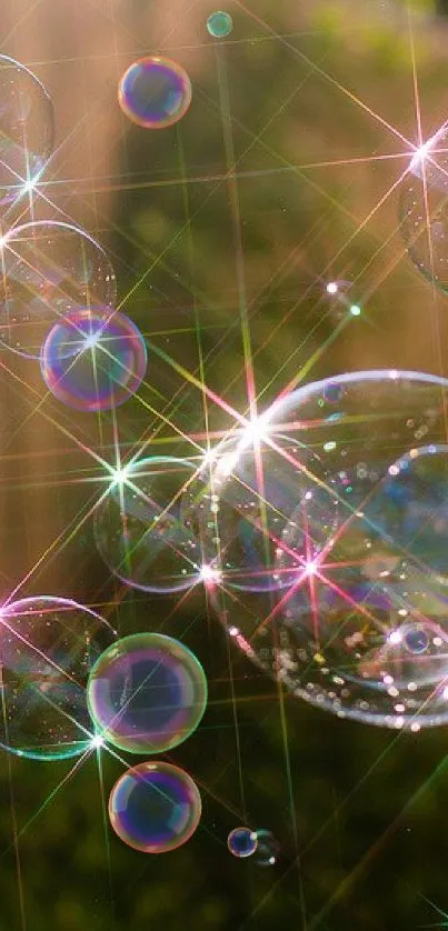 Vibrant wallpaper with sparkling soap bubbles in nature.