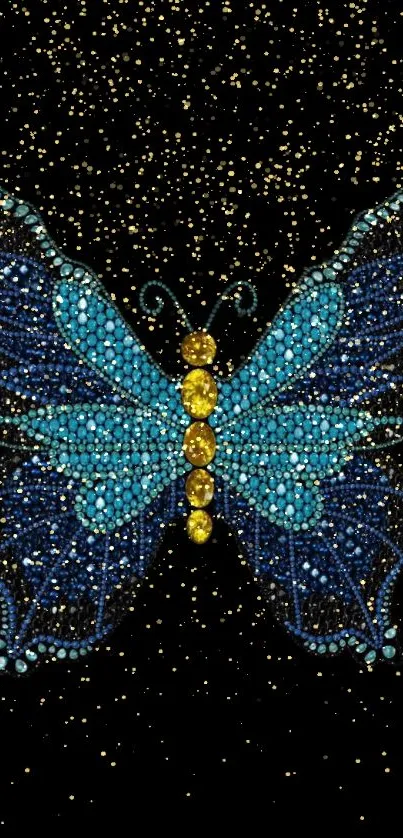 Intricate blue and gold butterfly with glitter on black background.