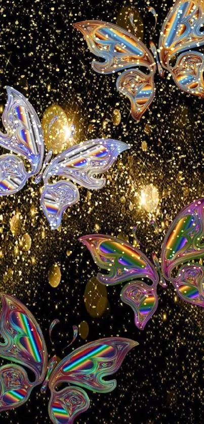 Artistic mobile wallpaper with glittering butterflies on a dark background.