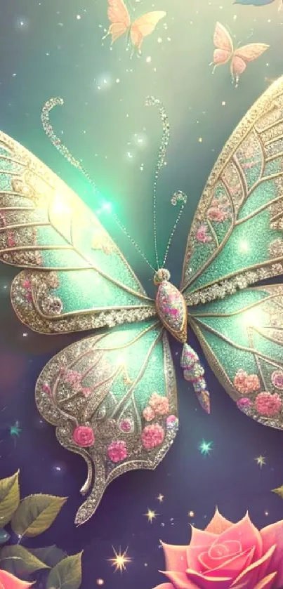 Glittering butterfly with roses in fantasy style wallpaper.