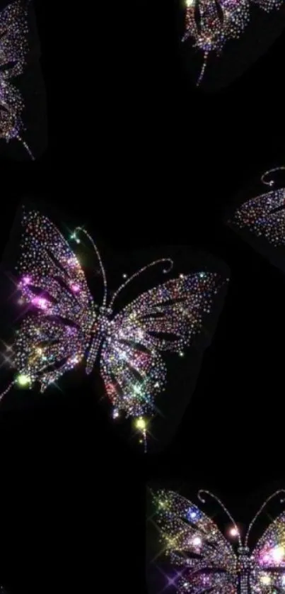 Glittering butterfly design on black background wallpaper.