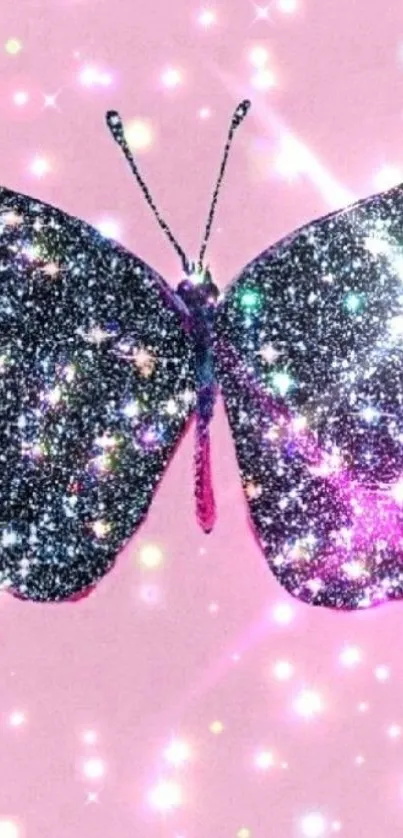 Glittering butterfly on pink background wallpaper.