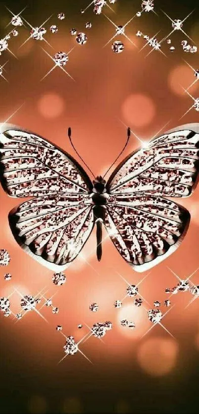 Glittering butterfly on copper background with sparkles.