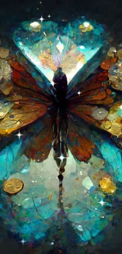 Shimmering butterfly with gold coins and vivid blue hues.