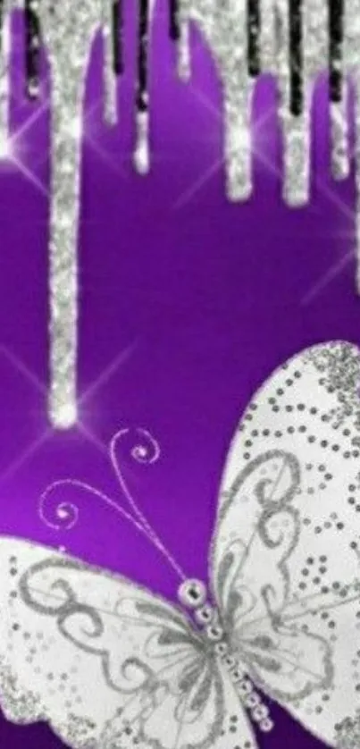 Glittery silver butterfly on vibrant purple background with sparkles.