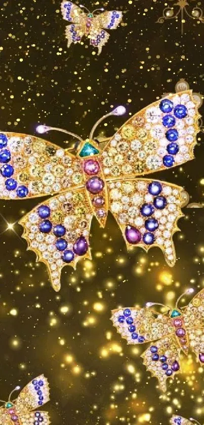 Jeweled butterflies on gold glitter wallpaper.