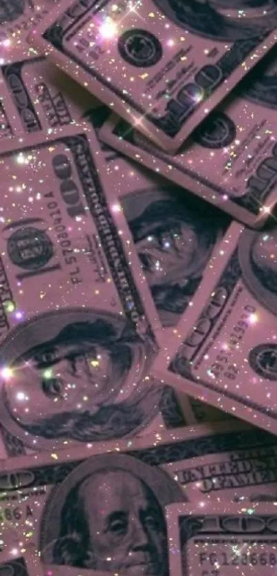 Mobile wallpaper with glittering $100 bills in a pink aesthetic.