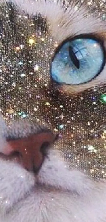 Cat with glitter and blue eyes against a white background.