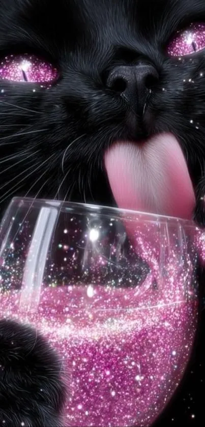Black cat with pink sparkling eyes and drink.