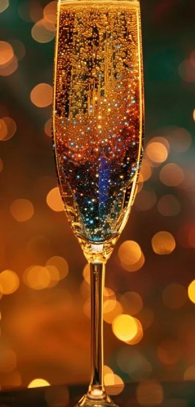 Champagne flute with sparkling bokeh lights.