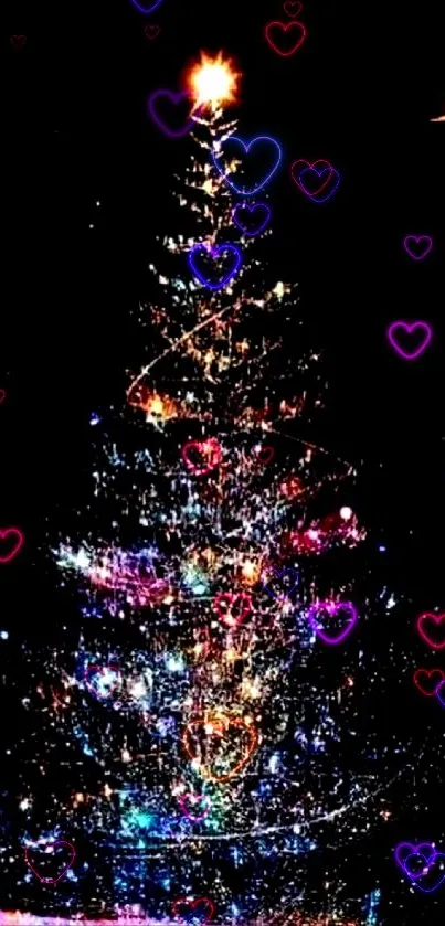 Sparkling Christmas tree under a starry sky with crescent moon.