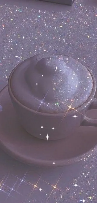 Lavender glittery coffee cup aesthetic wallpaper with sparkles.