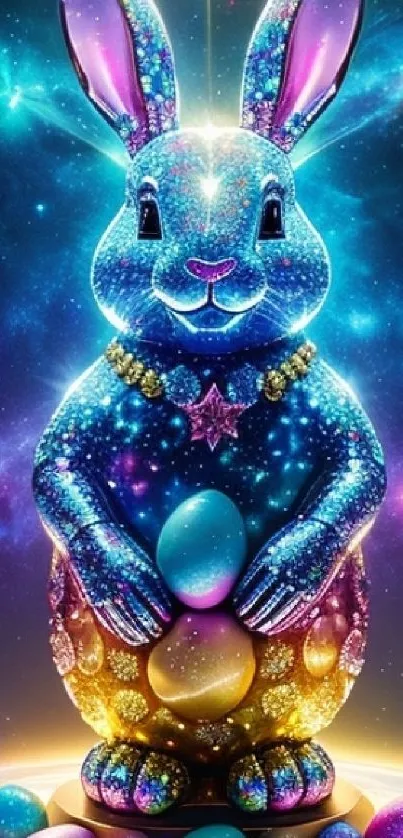 Sparkling cosmic bunny holding colorful eggs.