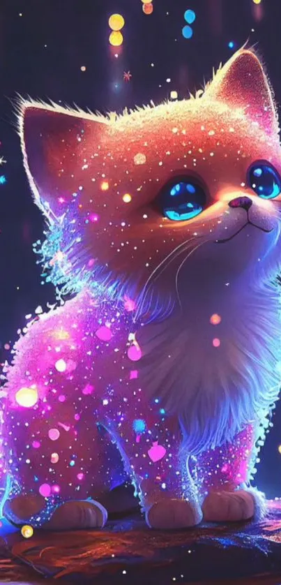 Adorable cosmic cat with glittering fur in vibrant purple hues.