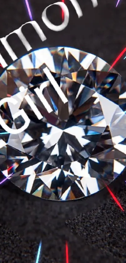Close-up of a radiant diamond on a black background with colorful light rays.