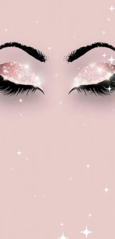 Glittering pink eyelashes with sparkles on a soft pink background.