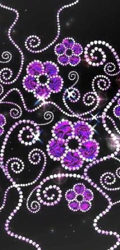 Purple floral jewel pattern on black background.