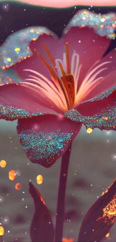 Glittering pink flower against sunset backdrop.