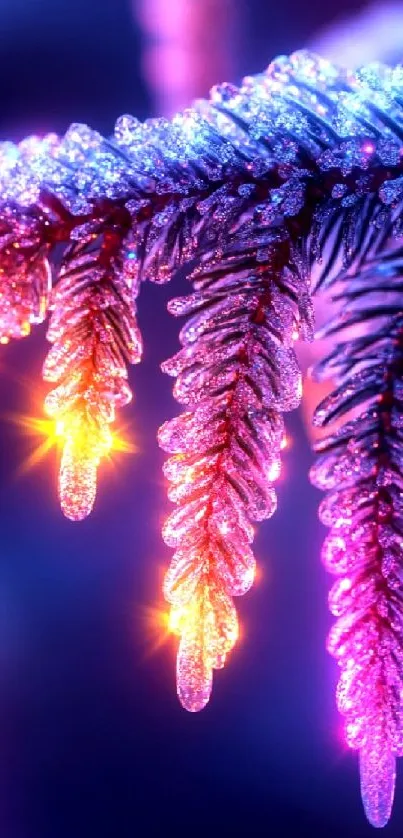 Colorful frosted pine branch with glowing icicles.