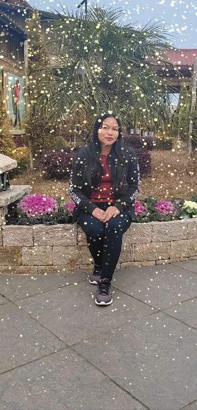 Woman sitting in a sparkling garden setting with vibrant flowers.