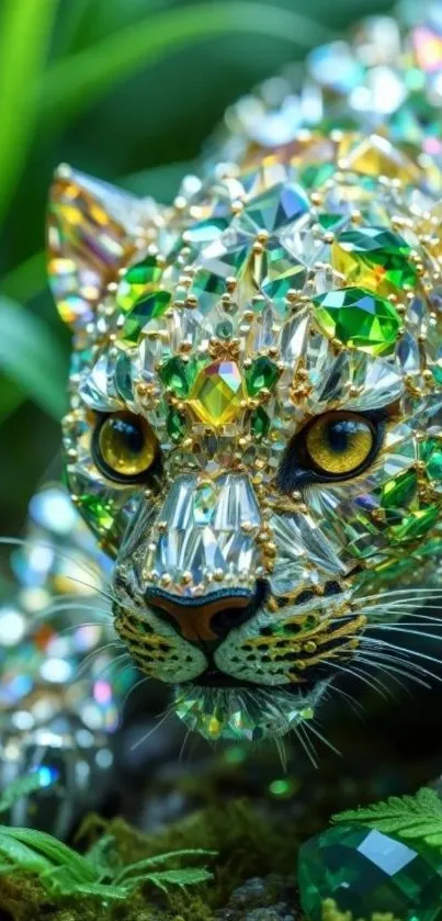 Glittering gemstone leopard art with vivid colors.