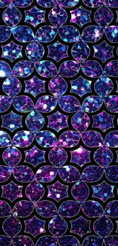 Purple and blue geometric glitter wallpaper pattern.