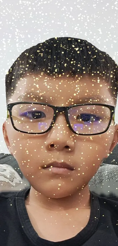 Youthful face with glasses and glitter effect mobile wallpaper.