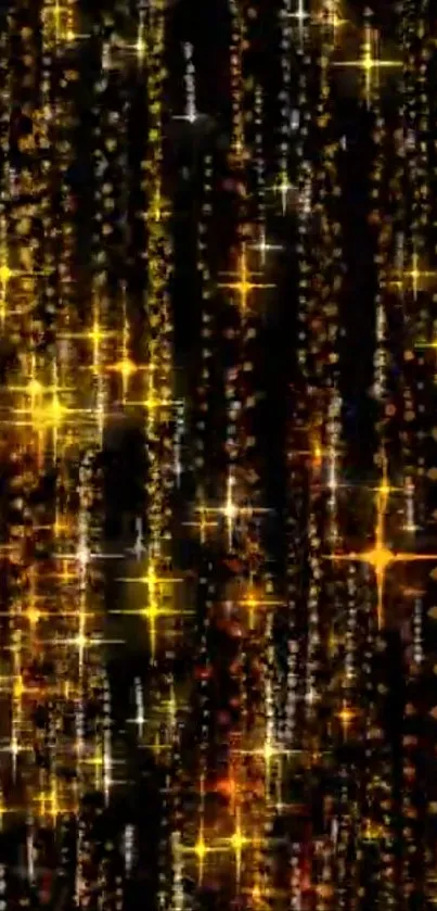 Glittering gold matrix wallpaper with shimmering lights.