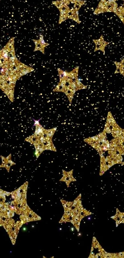 Glittering gold stars on black wallpaper background.