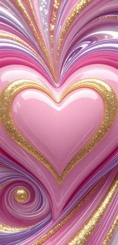 Pink heart with golden glitter on swirling colorful background.
