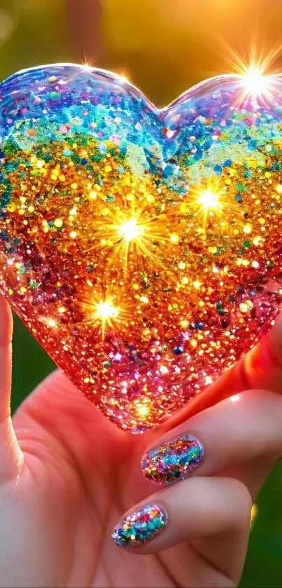 Vibrant glittering heart held in hand.
