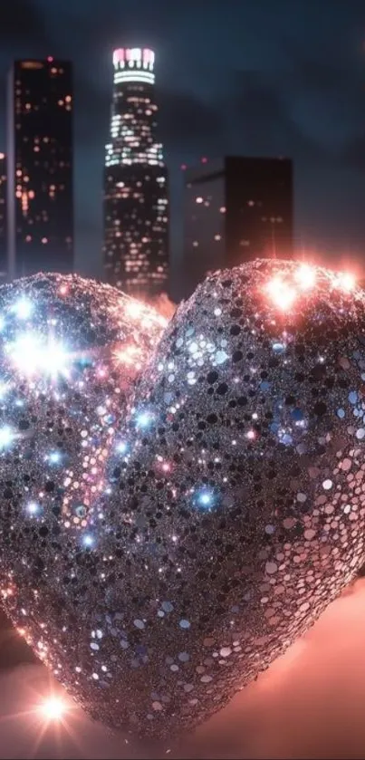 Sparkling heart with cityscape background wallpaper
