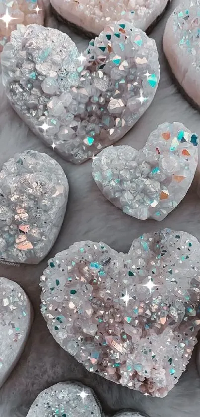 Heart-shaped crystals with iridescent sparkle on a light background.