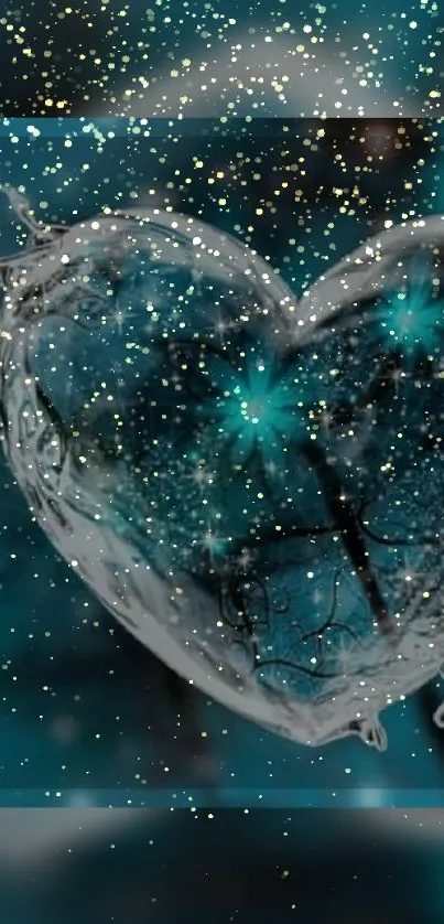 A glittering heart floats in a teal cosmic scene filled with shimmering stars.