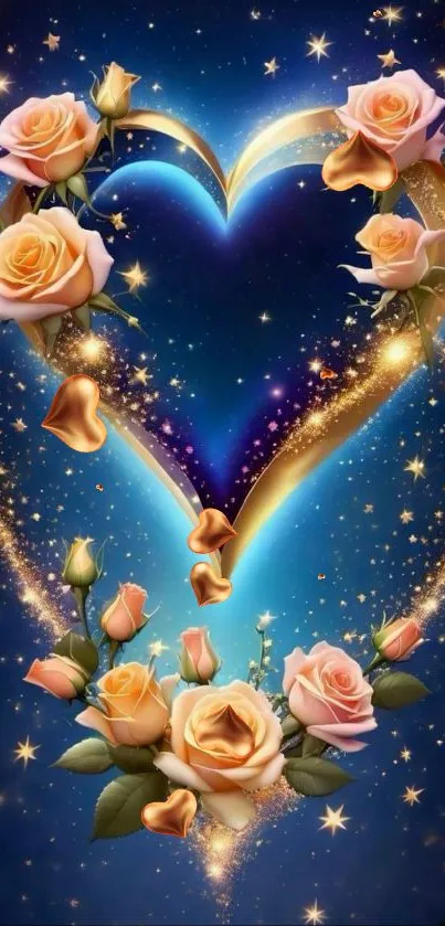 Glittering heart with roses and stars on a dark blue background.