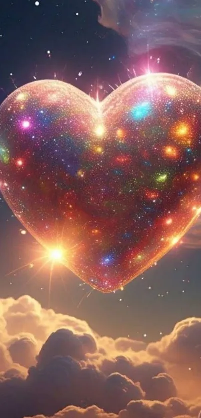 A sparkling heart floats in a luminous starry night sky.