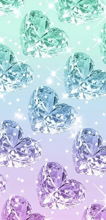 Pastel heart-shaped jewels mobile wallpaper with a sparkling effect.
