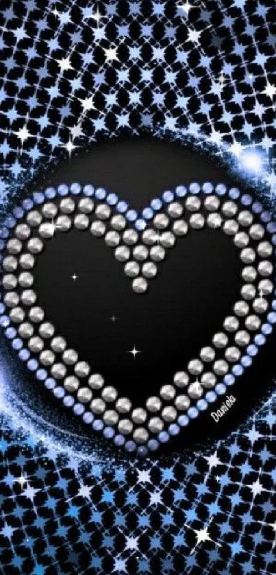 Glittering heart design with blue and black tones for mobile wallpaper.