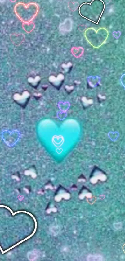 Blue glitter background with colorful neon hearts.