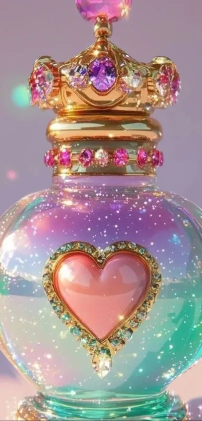 Glittering heart-shaped perfume bottle with vibrant gems and sparkles.