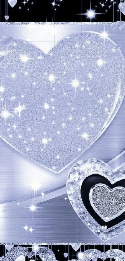 Silver glittery heart phone wallpaper with starry effects.